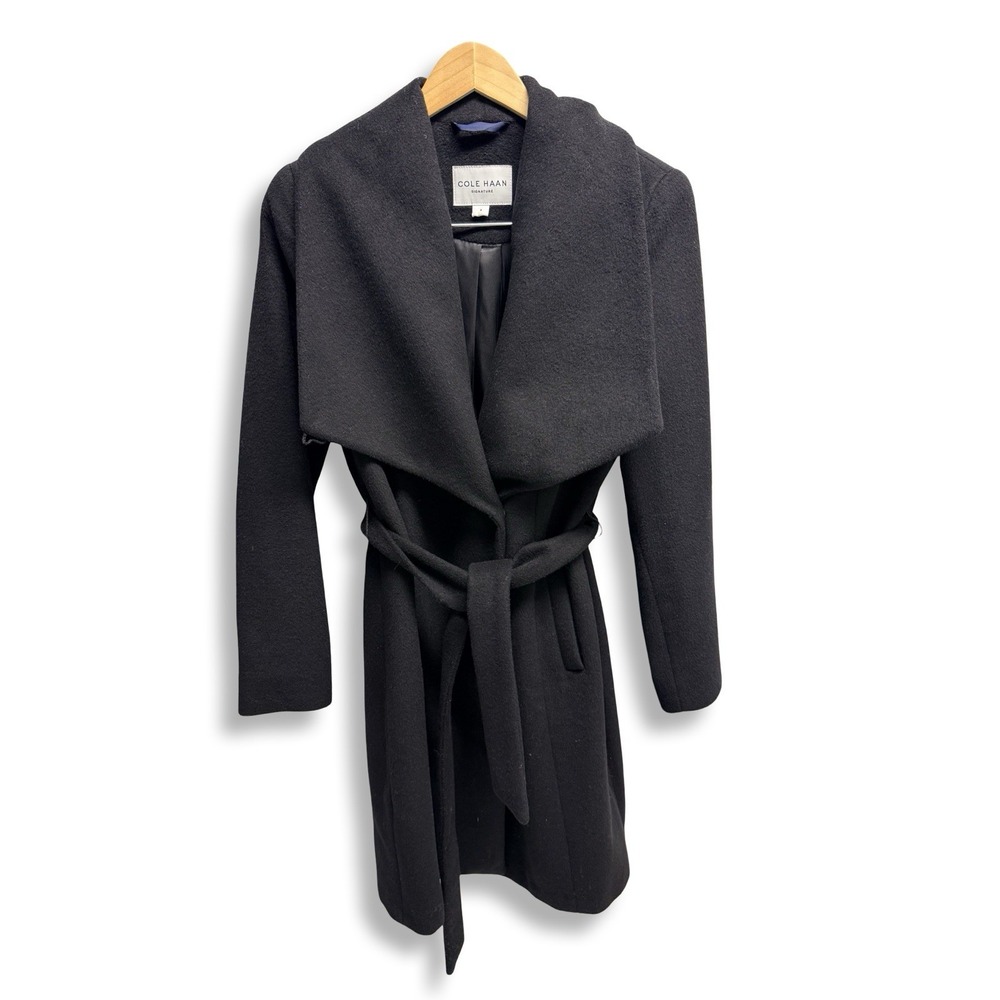 Cole Haan Signature Black Wrap Coat Size 4 Belted Shawl Collar Wool Women